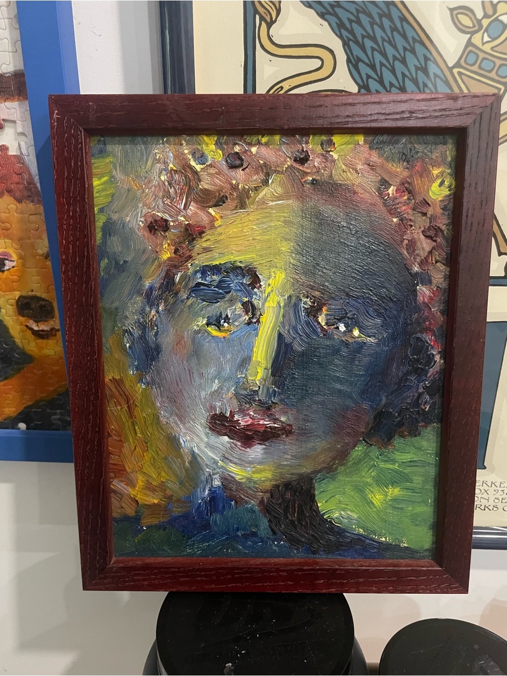 Abstract Portrait Oil Painting in Blue, Yellow & Green - signed on the back